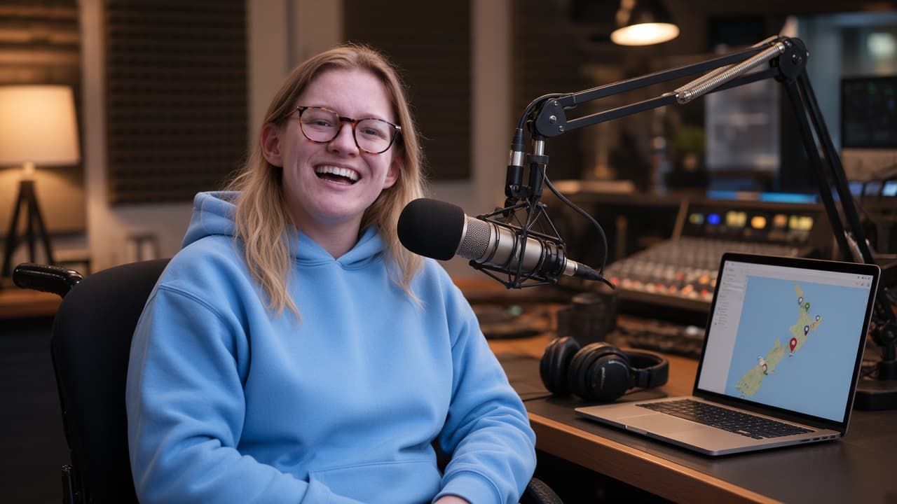 Daisy Hoe in a radio studio, smiling at a microphone with a New Zealand map on a laptop