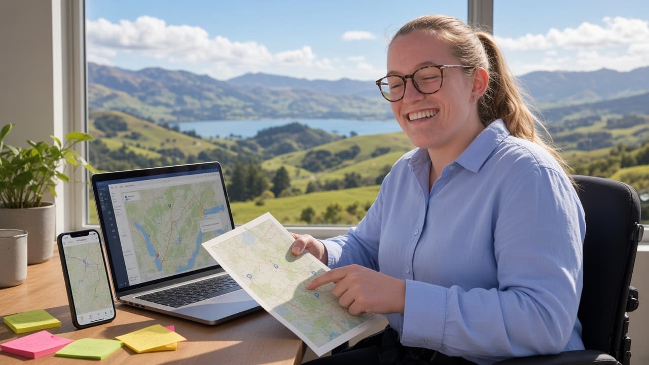 Daisy Hoe at a desk in her wheelchair, working on a colour-coded accessibility map on a laptop and phone
