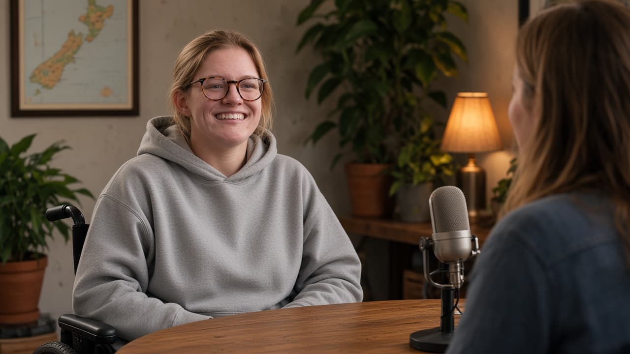 Daisy Hoe in a podcast interview, seated in her wheelchair at a table with a microphone