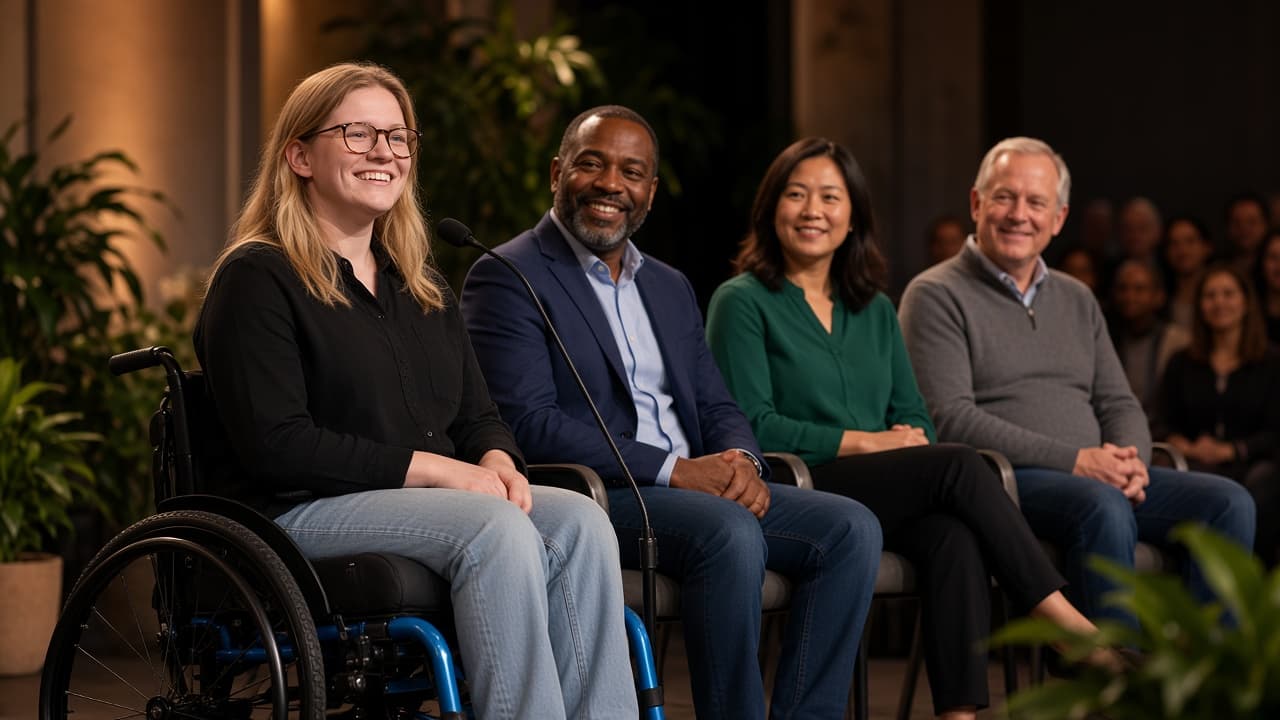 Daisy Hoe on a conference panel in her wheelchair, seated with three other speakers and microphones