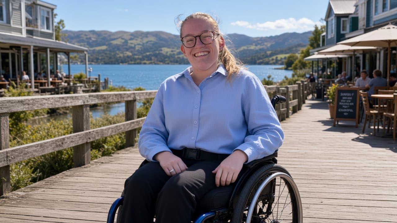 Daisy Hoe smiling on a lakeside boardwalk in her wheelchair, with cafes and hills behind her