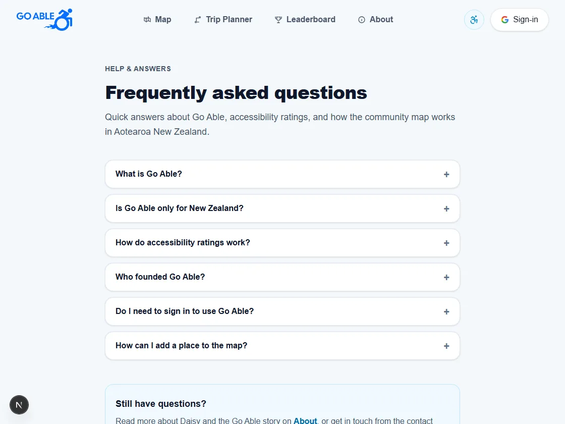 Go Able FAQ page with expandable help questions