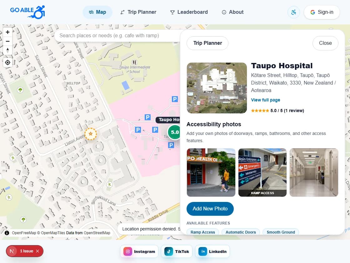 Map with Taupo Hospital selected and the location detail panel open