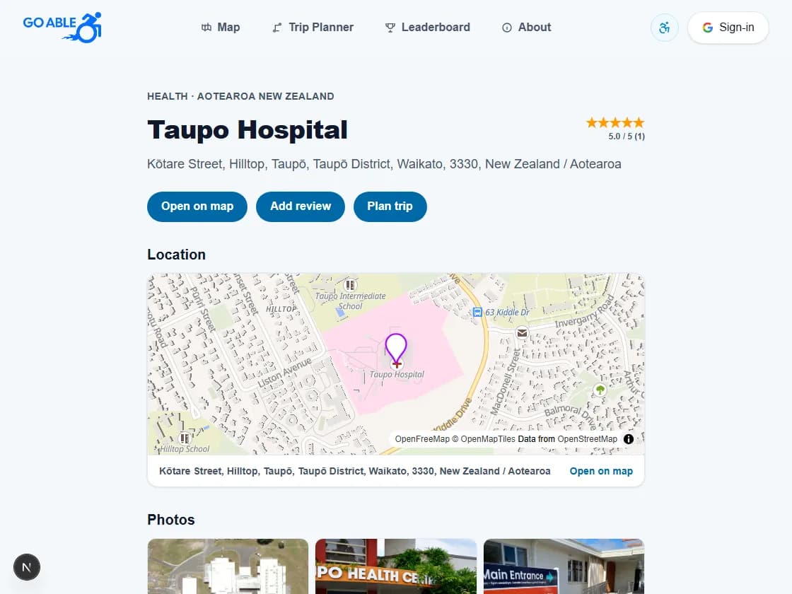 Taupo Hospital venue page with star rating and Open on map, Add review, and Plan trip buttons